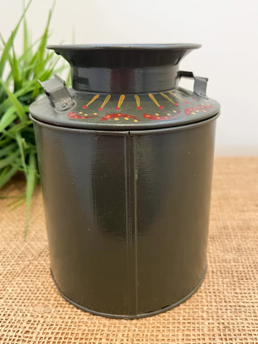 Vintage Tole Painted Folk Art Fruit Tin Container with Lid